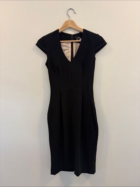 H&M Black V-Neck Cap Sleeve Midi Sheath Dress